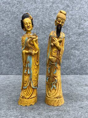 Vintage Artmark Italy Asian Couple Carved Resin Figures 14.5" Inch Tall Statues